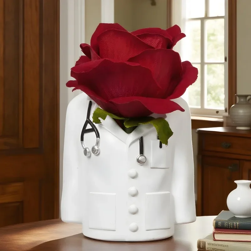 1pc Resin Art Pen Holder Vase Doctor Uniform White Coat Home Decor Accent Organizing Writing Tools Pens Dried Flower Decoration