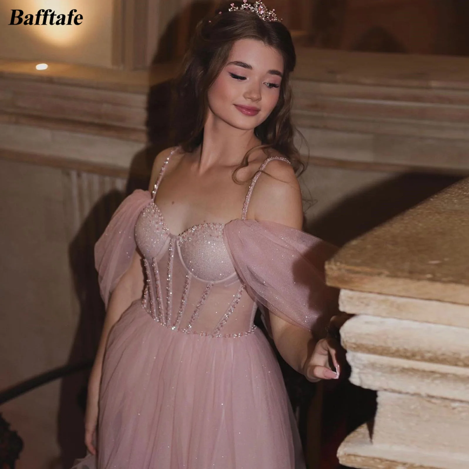 

Bafftafe Dusty Pink Tulle Mini Prom Dresses A Line Beaded See Through Top Straps Formal Cocktail Gowns Special Party Women Dress