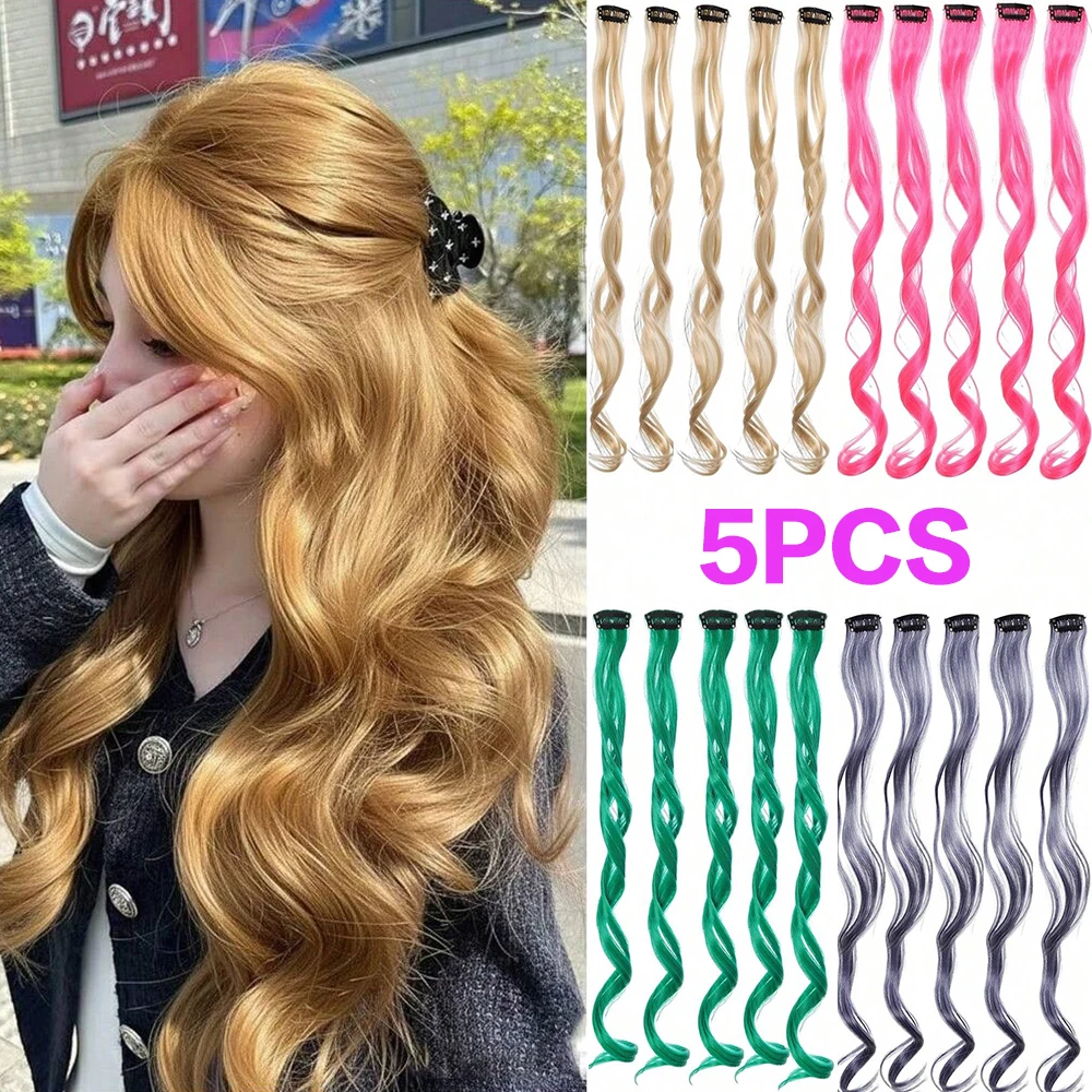 5Pcs Synthetic Long Curly Women Heat Resistant Clip In Hair Extension Hairpiece Gold Grey Purple Pink Red Colorful Extension