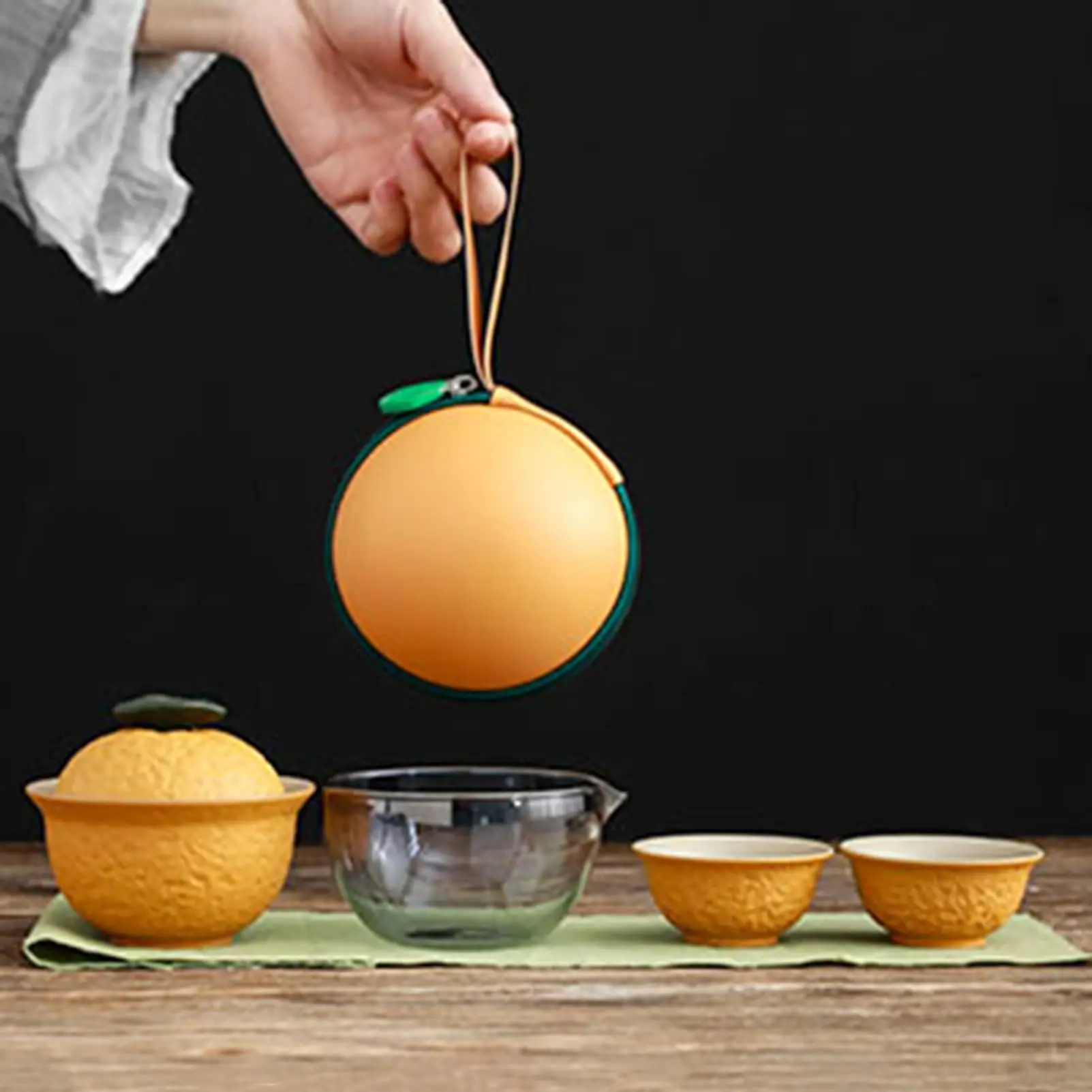 Portable Teapot Set，Travel Kungfu Tea Cup Tangerine Shape Mini Chinese Ceramic Teapot Tea Cup with Travel Bag