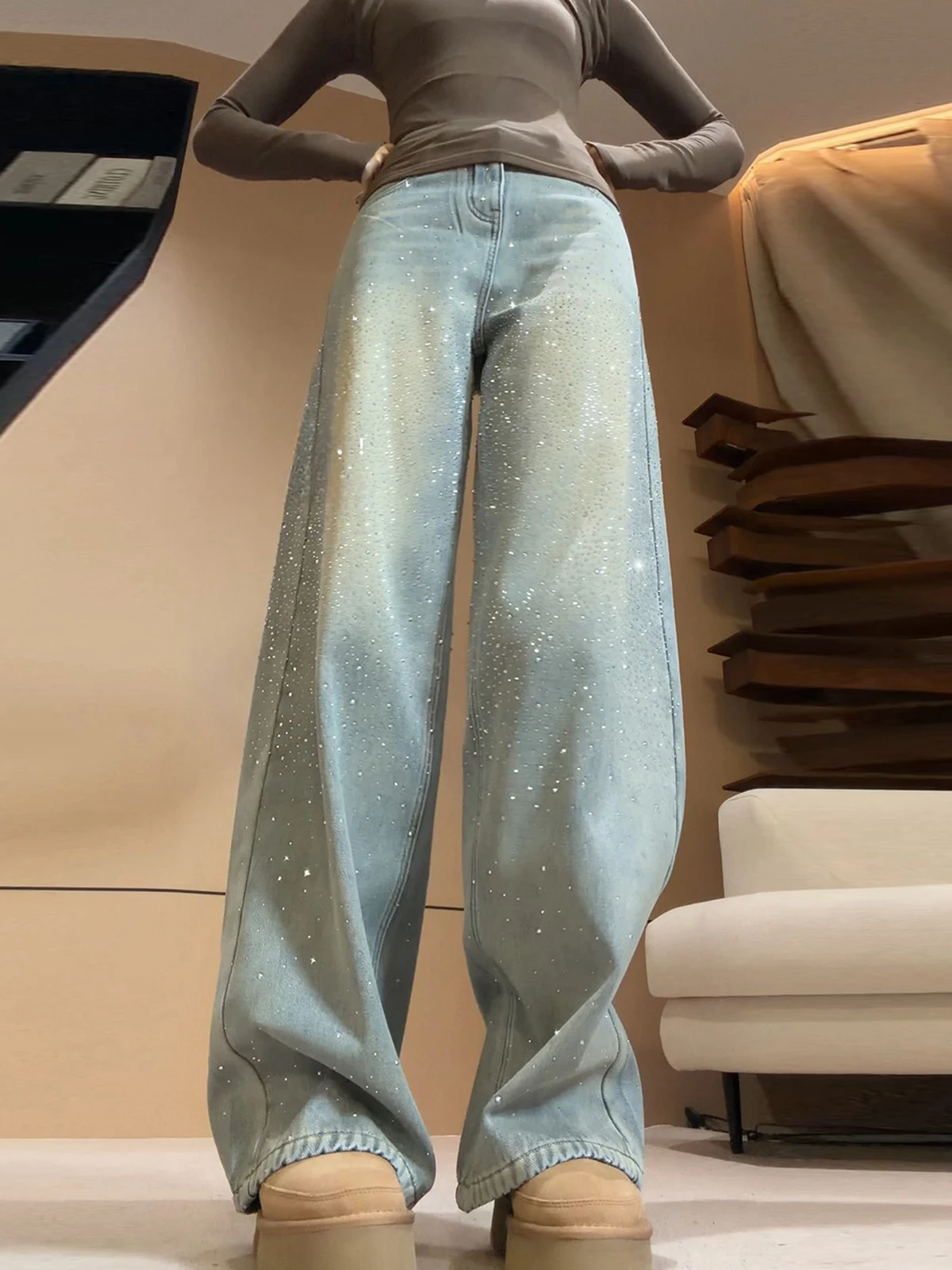 

Retro Star Rhinestone Wide Leg Jeans Women's Loose Straight Floor-Length Pants High Waist Spring New Style Versatile Ladies J...