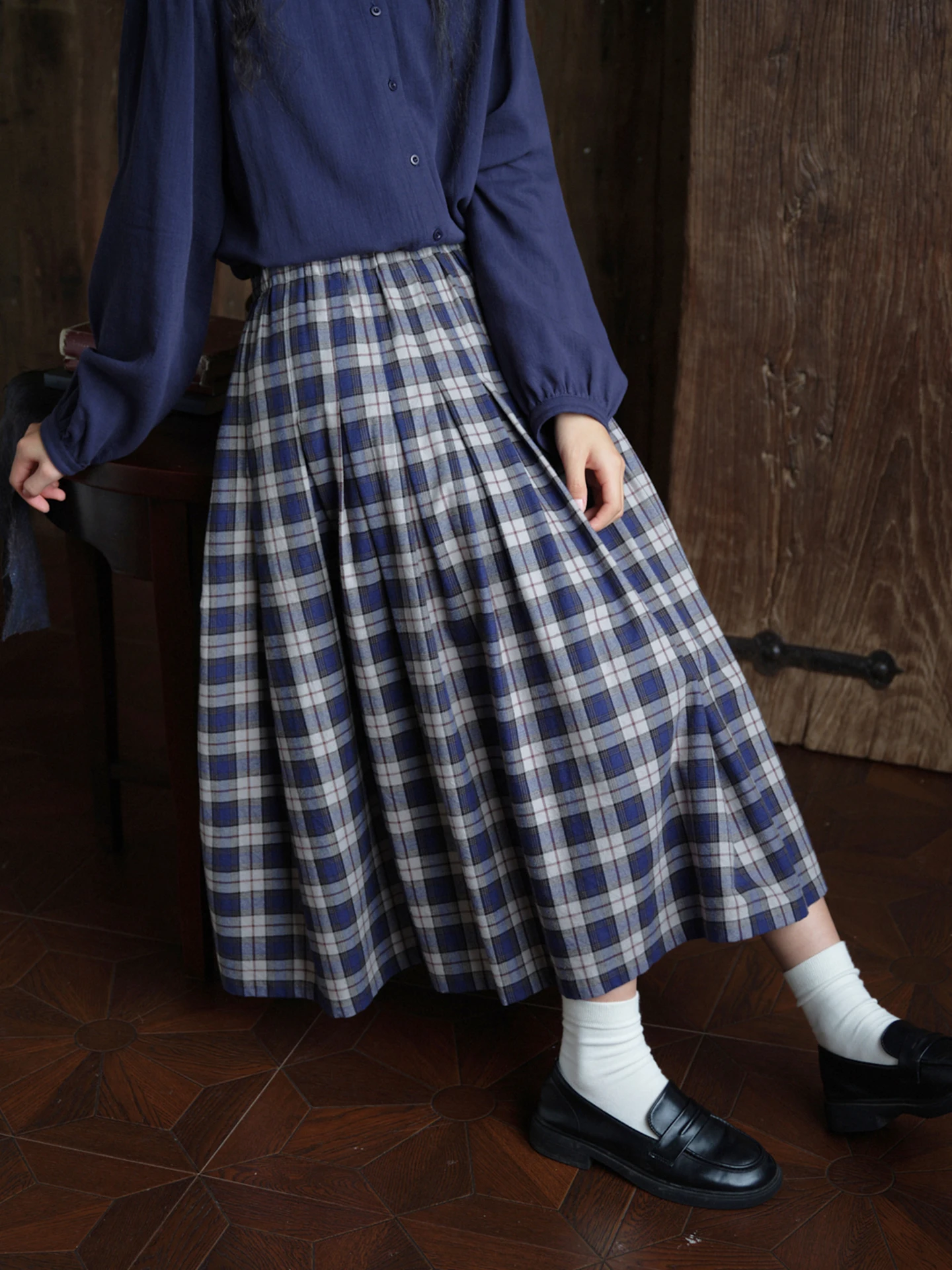 Original  Pure Cotton Plaid Pleated  Skirt Women's High Waist A-Line Midi Skirt Breathable Comfortable Casual Skirt