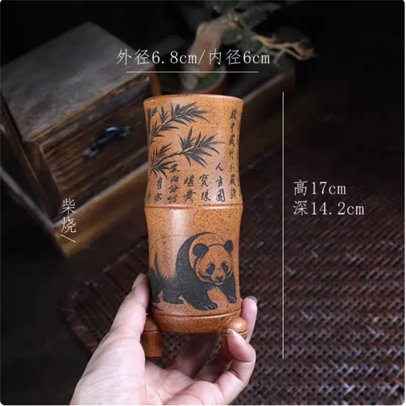 Small BamBoo Shape Bonsai Pot, Panda Carved Pattern,Mini Plant Pot,Purple Sand Vase,Home Indoor Decoration
