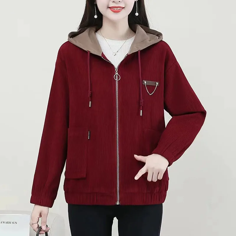 Spring Autumn Women Corduroy Jacket 2023New Fashion Mid-Aged Single Breasted Hooded Short Coat Female Casual Outerwear Lady Tops