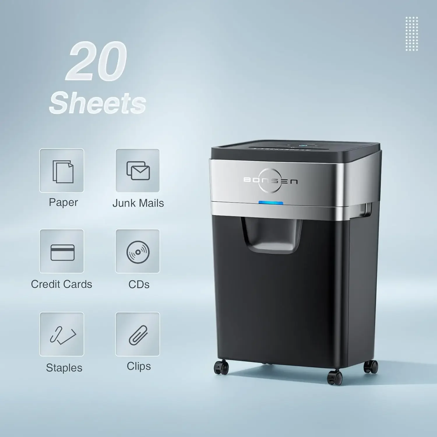 BONSEN Paper Shredder, 20-Sheet 60 Mins Nonstop Heavy Duty Paper Shredder for Office, 60dB Ultra Quiet Cross-Cut Shredder