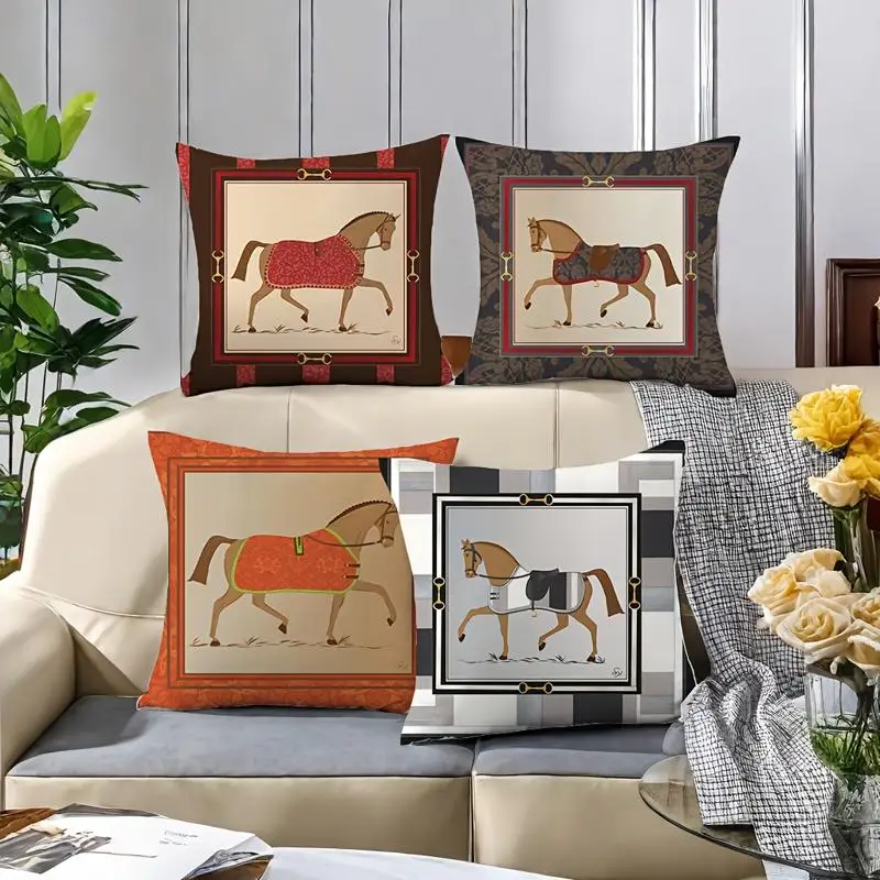 Set of 4 Horse Print Throw Pillow Covers Cushions Decorative Equestrian Animal Art Cases for Sofa Bed Living Room Home Decor