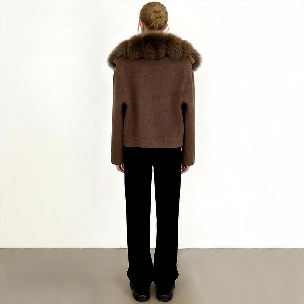 OFTBUY Pockets Luxuriöser Warmer Winter-Mode-Mantel für Damen, Neuer Damen-Cropped-Mantel aus doppelseitiger Wolle mit Echtfuchsfellkragen – Detail 5
