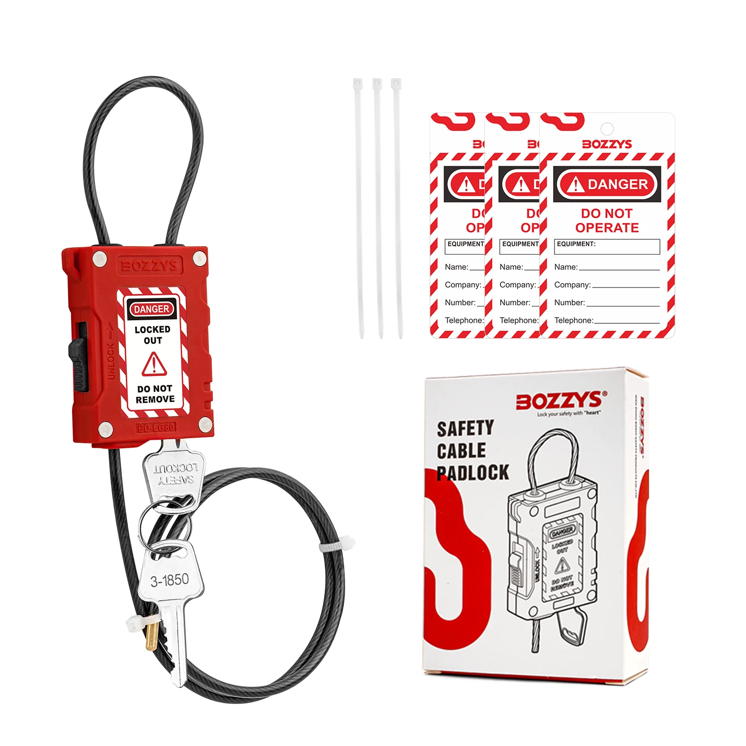 BOZZYS Vermelho 4mm Bloqueio Ajustável Tagout Cabo Bloqueio 0.8M Cadeado de Segurança para Equipamentos Industriais para Uso Industrial