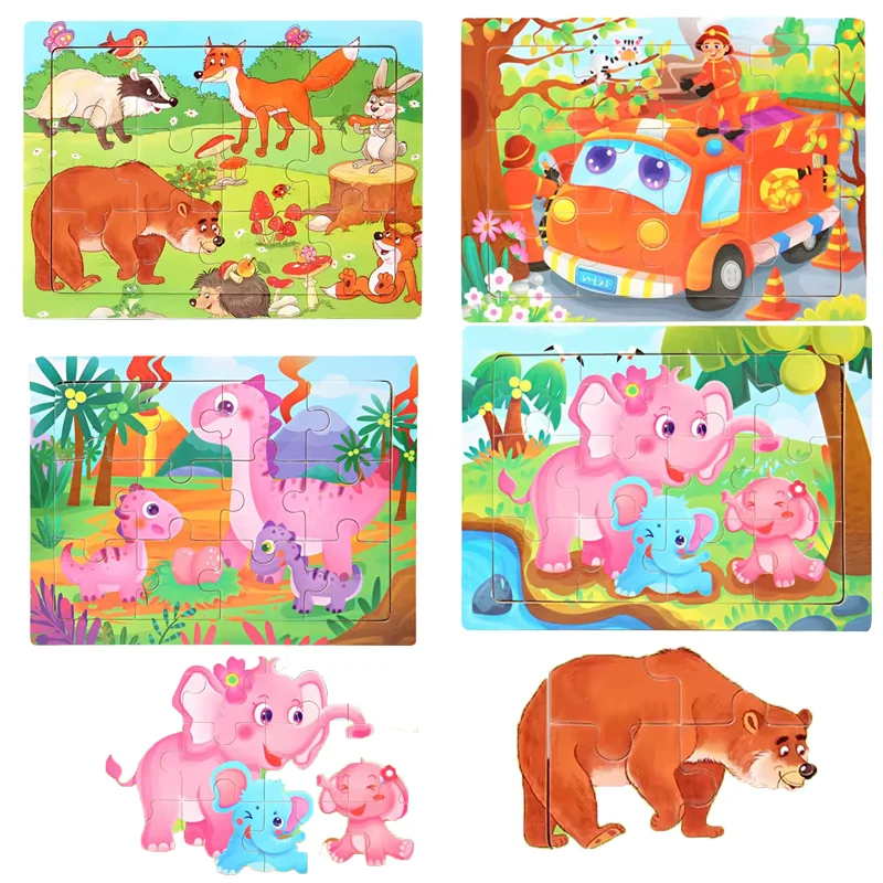 Wooden Jigsaw Puzzle Cartoon Animal Parent-child Theme Puzzles Game Kids Montessori Educational Toys for Children Gifts