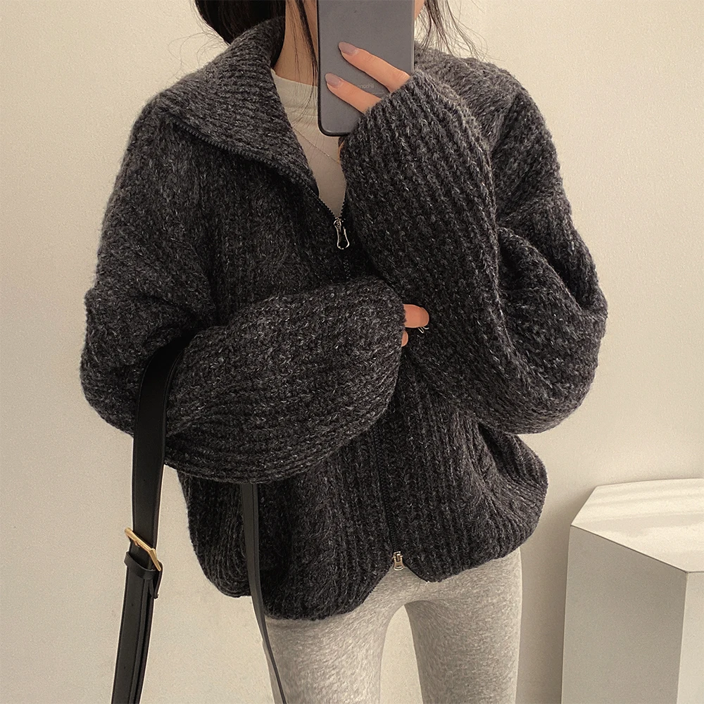 High neck sweater lazy wind Korean thickened twist double head zipper long sleeve cardigan knitted jacket