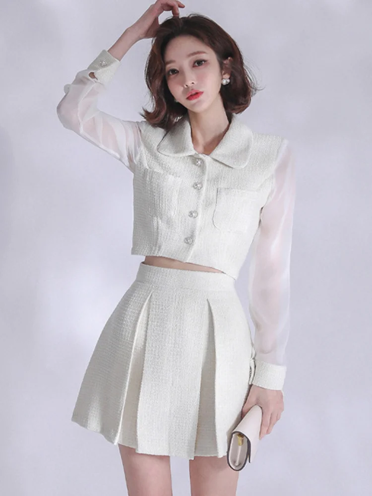 Spring Autumn Tweed 2 Piece Outfits Suits Women Sexy Short Cropped Tops Coat Blazer Suit Pleated High Waist Mini Skirt Mujer Set