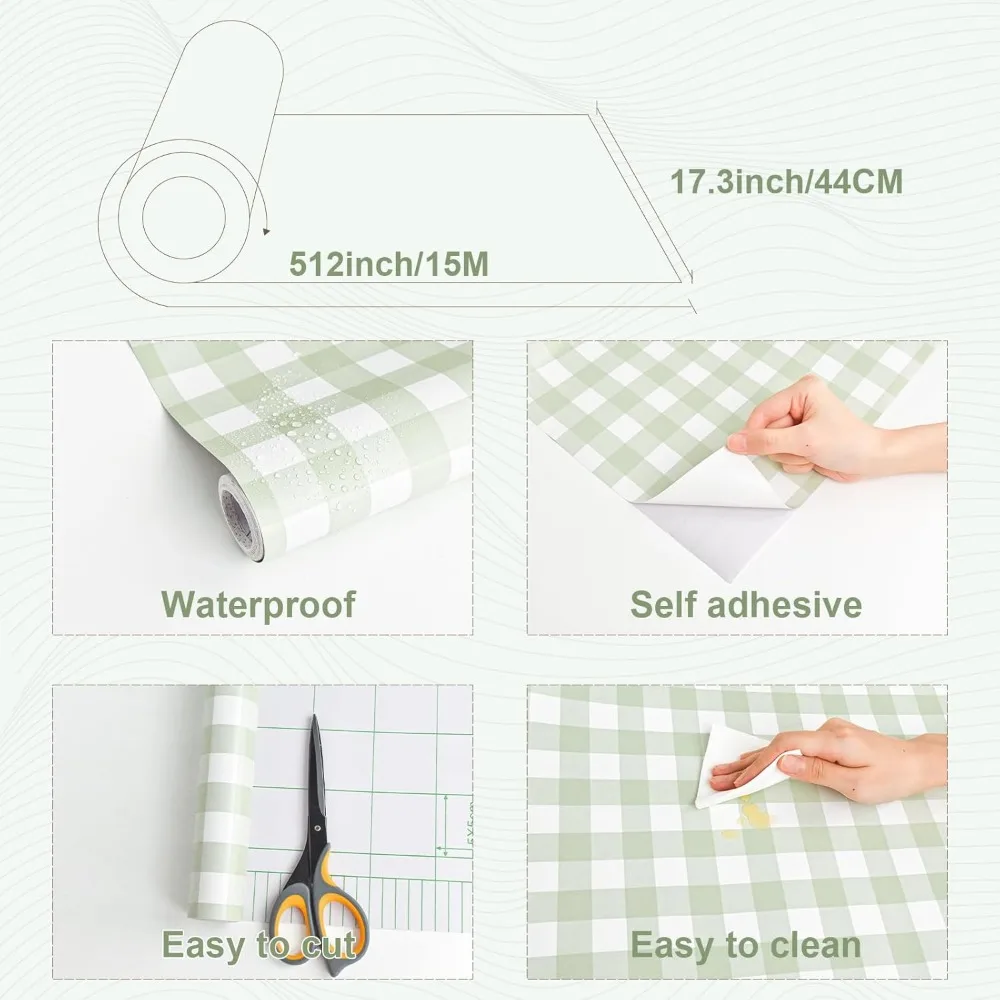 ورق جدران منقوش أخضر قابل للتقشير واللصق للخزائن - ورق اتصال ذاتي اللصق على طراز بوهو