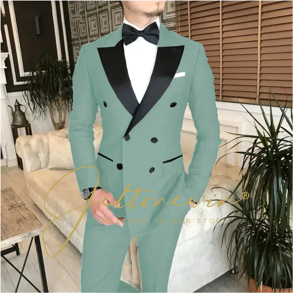 Slim Fit Male Suits 2 Pieces Navy Blue Double Breasted Wedding Tuxedos Groom Business Wear Best Man (Blazer+Pant) Costume Homme