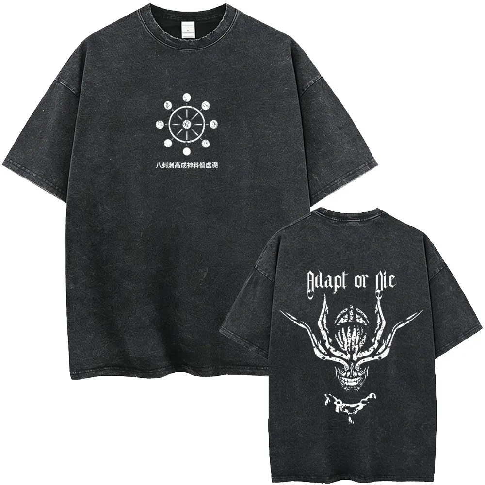 Washed Vintage Anime Jujutsu Kaisen T-shirts Fushiguro Megumi Makora Adapt or Die Print T-shirt Men Women Short Sleeve T-Shirts