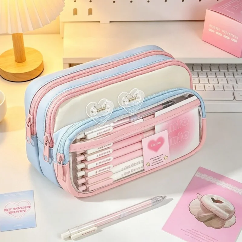 Pastel Color Block Pencil Case, Multi-layer  Stationery Bag with Clear Front Pocket