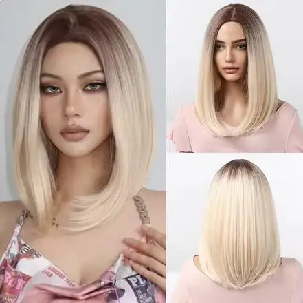 

Short Straight Synthetic Wigs Middle Part Ombre Blonde Bob Wigs for Women Daily Cosplay Party Natural Heat Resistant Fake Hairs