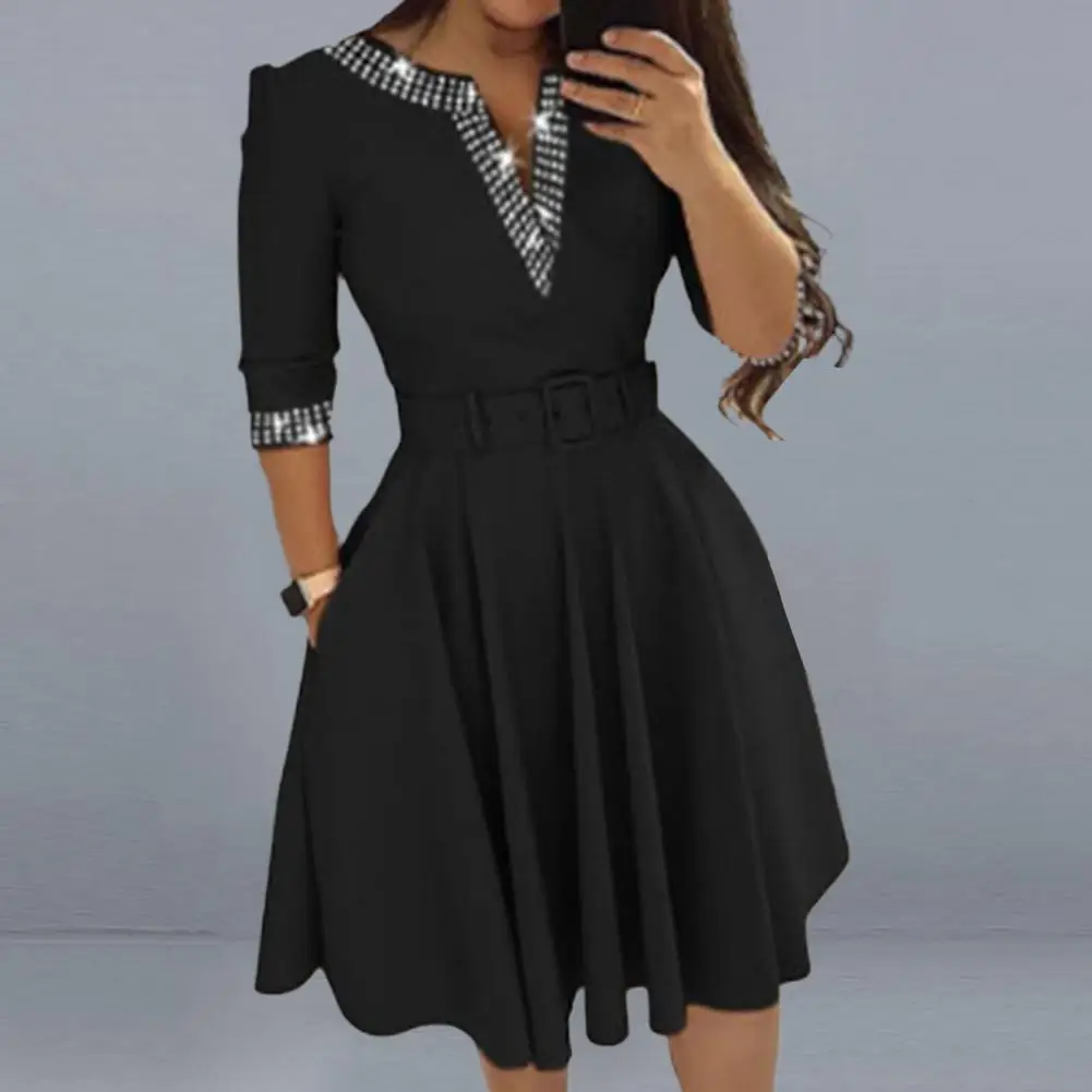 Elegant Women Mini Dress V-neck 3/4 Sleeve Rhinestones Short Dress With Belt Pockets Swing Hem Party Dress