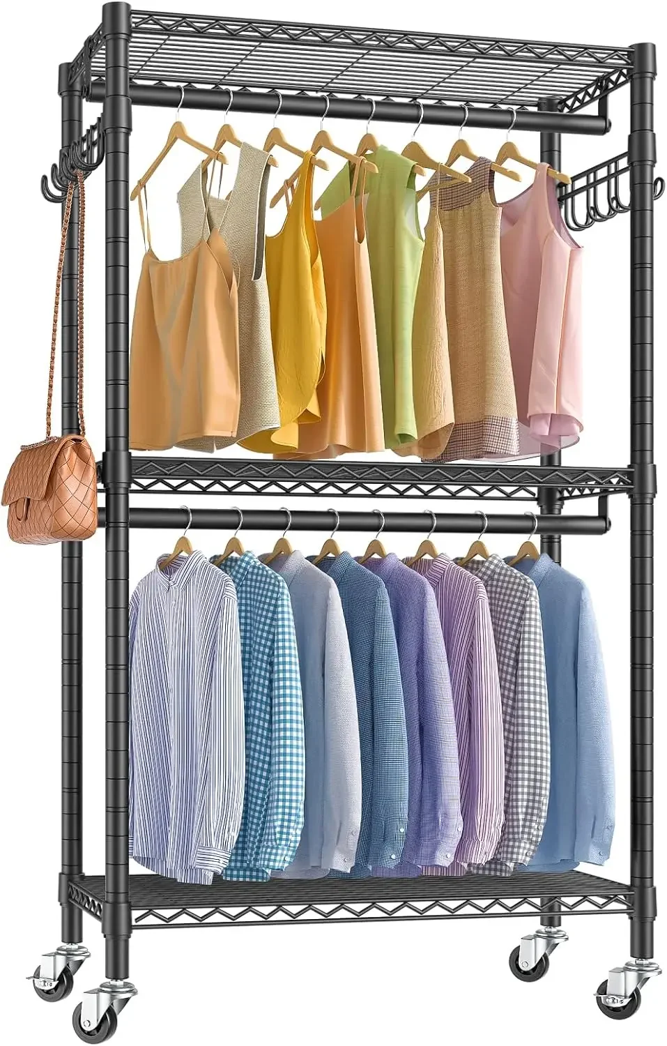 

Rolling Clothes Heavy DutyClothingRack for Hanging Clothes Adjustable Metal Wire Shelving Portable Closet with Wheels Side Hooks