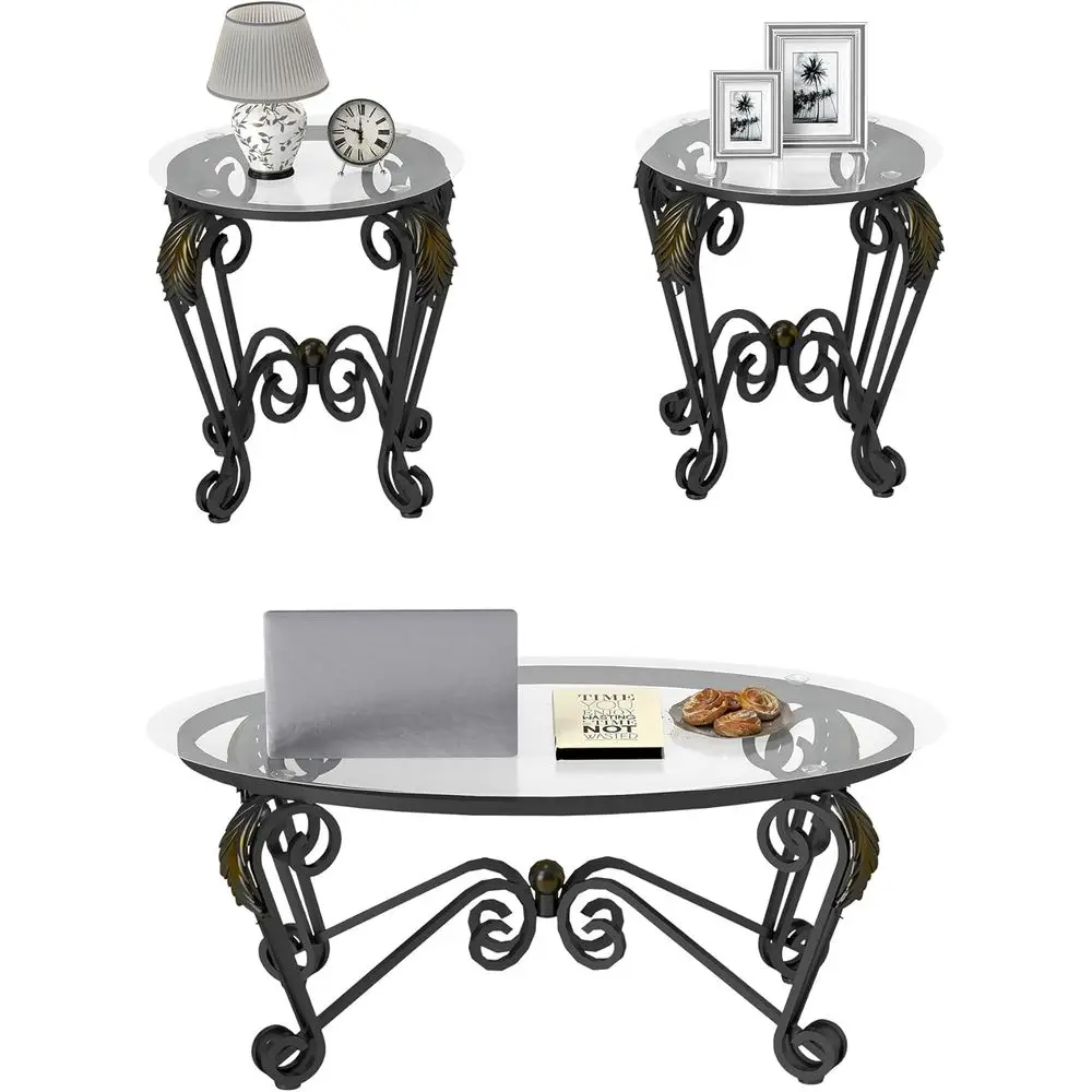 

Oval Glass Coffee Table Trio with Black Metal Legs for Living Room