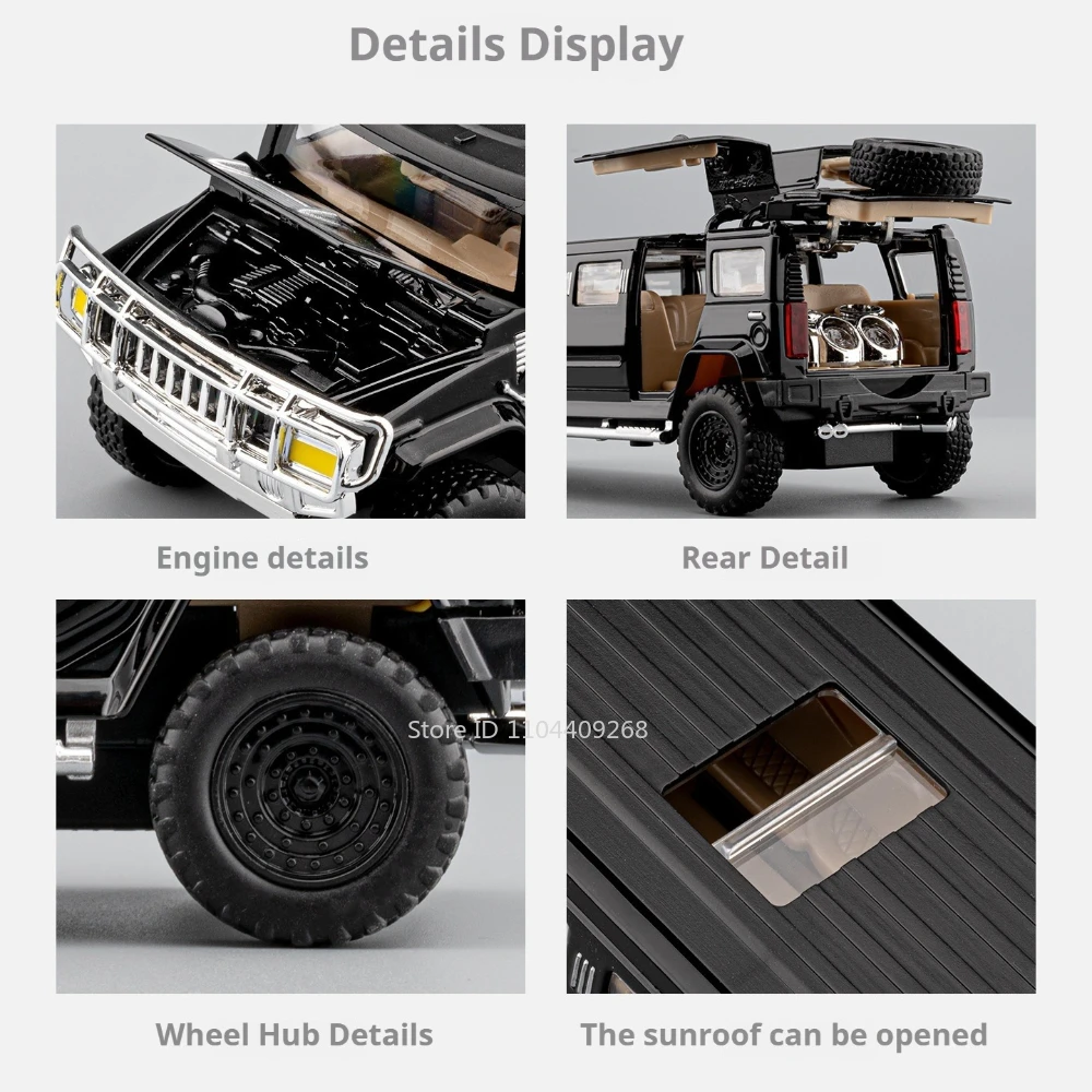 1:32 H2 Car Model Toy Alloy Body Rubber Tires Music Light Shock Absorption Off-road Vehicle Models for Kids' Edutainment