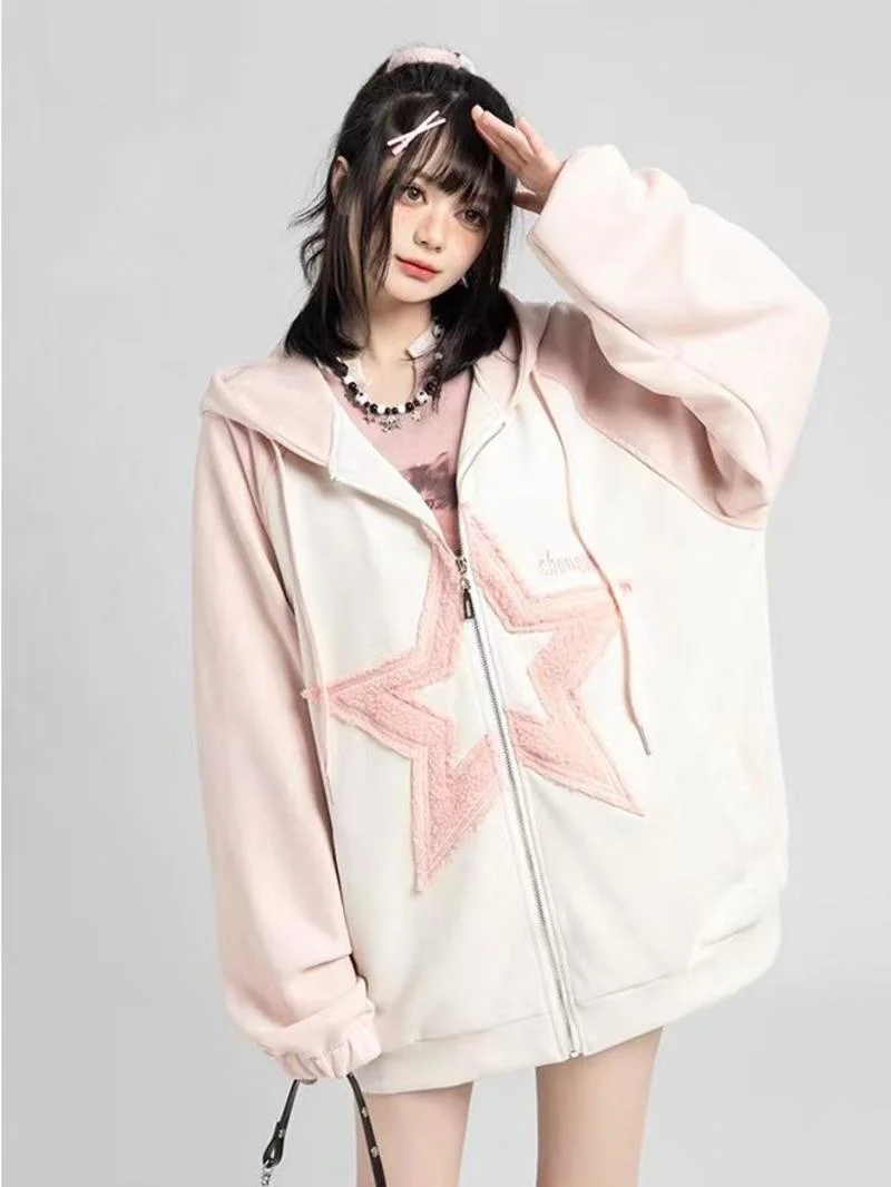 Hip Hop Fashion Star Graphic Sweatshirts Flocking Embroidery Hooded Hoodie Women\'s Autumn Winter Pink Blue Cardigan Sweater Girl