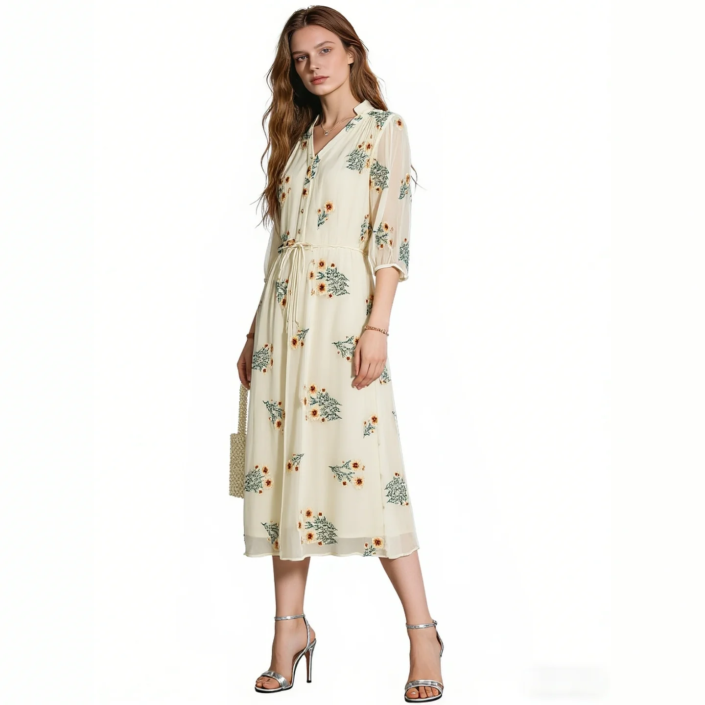 

2026 Spring Women Sunflower Print Chiffon Midi Dress V-Neck 3/4 Sleeve Tie Waist Casual Dresses Beige