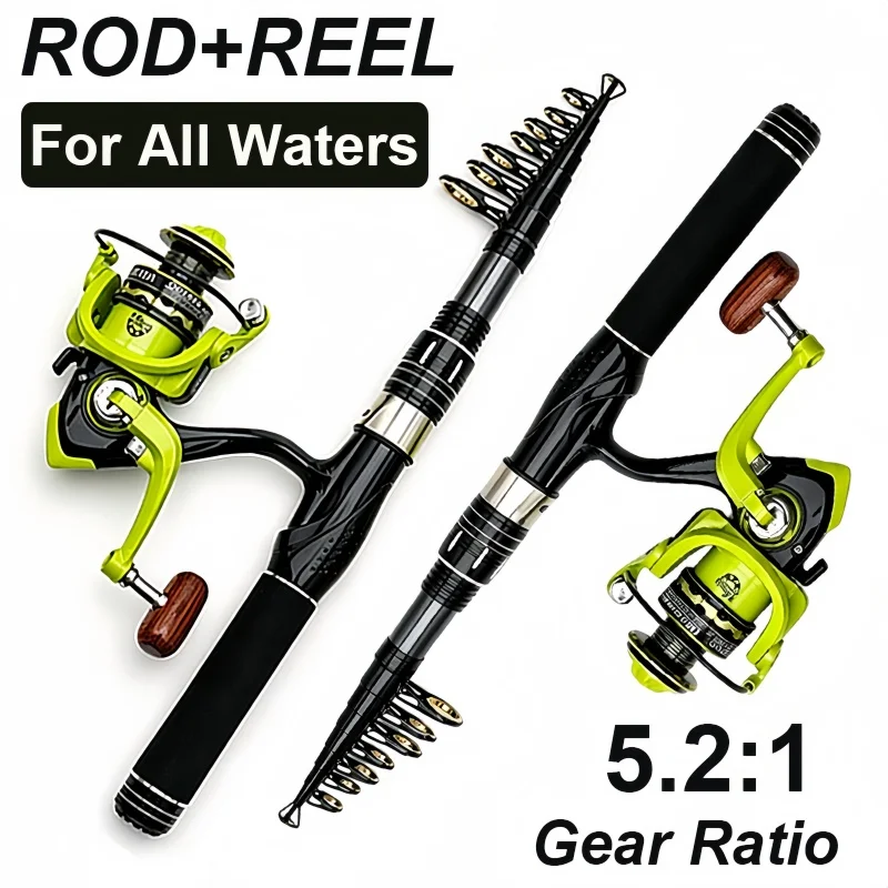 Spinning Fishing Rod and Reel Combo 1.5-2.4m Carbon Sea Rod and 5.2:1 Gear Ratio Metal Spool for Freshwater Bass Pike Fishing