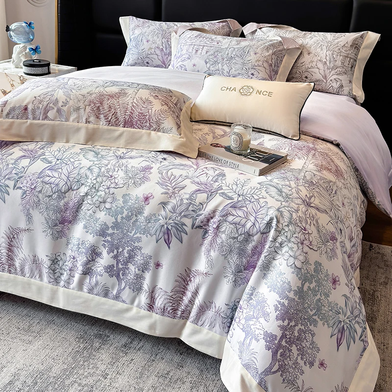 

600TC Egyptian Cotton Plant Prints Vintage Oil Painting Style Luxury Bedding Set Duvet Cover Flat/Fitted Sheet Pillowcases 4Pcs
