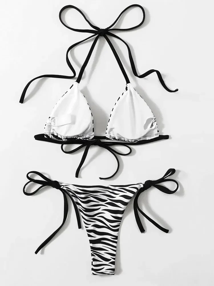 Zestaw Bikini Sexy Zebra paski Micro Mujer Halter stroje kąpielowe Mini stringi strój kąpielowy kobiety sznurowane sznurki kostium kąpielowy Bikini