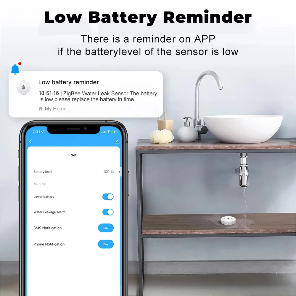 Tuya Zigbee مستشعر المياه كاشف تسرب الفيضانات إنذار الفائض لتطبيق المطبخ والحمام والمراقبة عن بعد مع Alexa Google