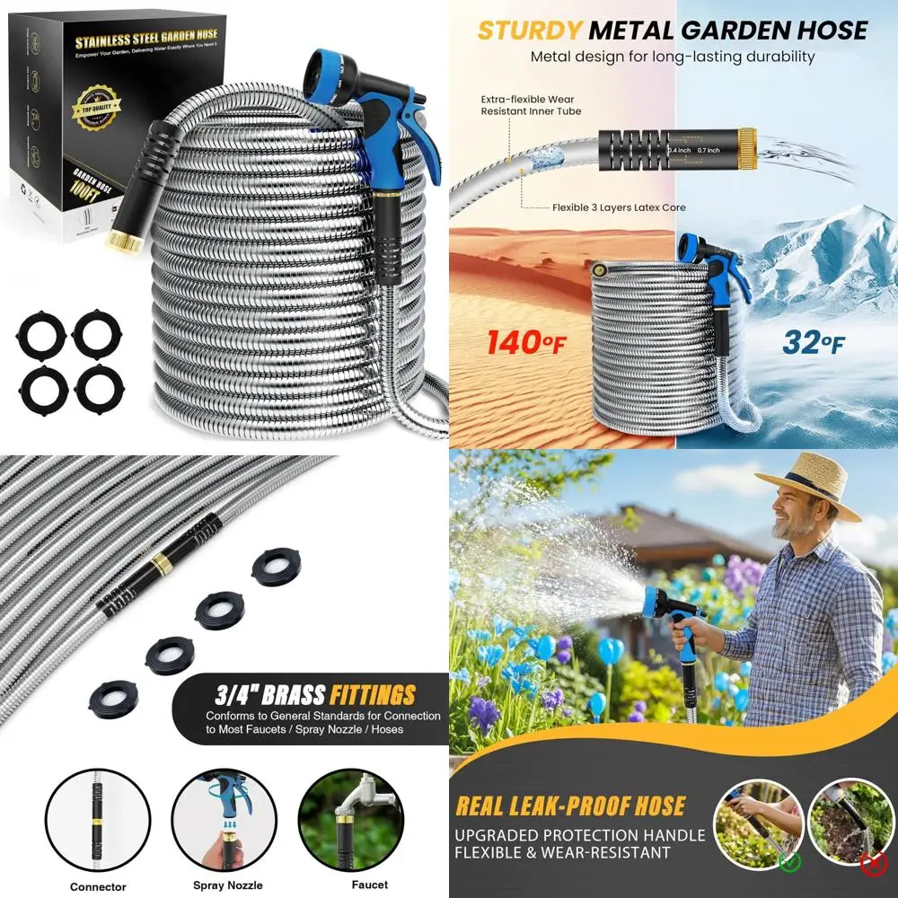 

Сверхмощный гибкий водяной шланг из нержавеющей стали длиной 100 футов с 10-функциональным соплом для садоводства и наружного использования