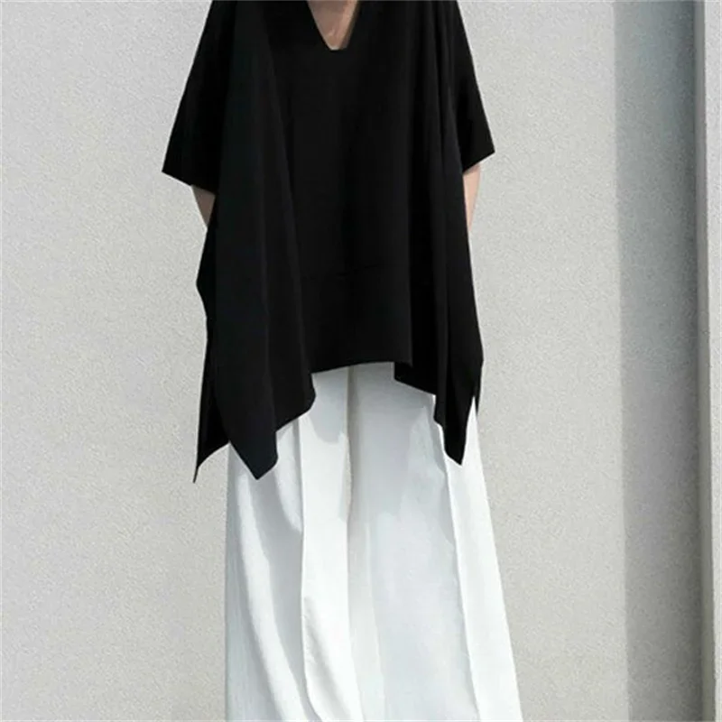 TPJB Summer Fashion Chic V-neck Irregular Black T-shirts Casual Loose Women\'s Clothing Batwing Sleeve Oversized 5XL Tops Female