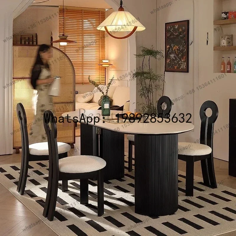

H19-AB Semi-oval rock sldining table and chairs small apartment French cream medium antique household foldable telescopic
