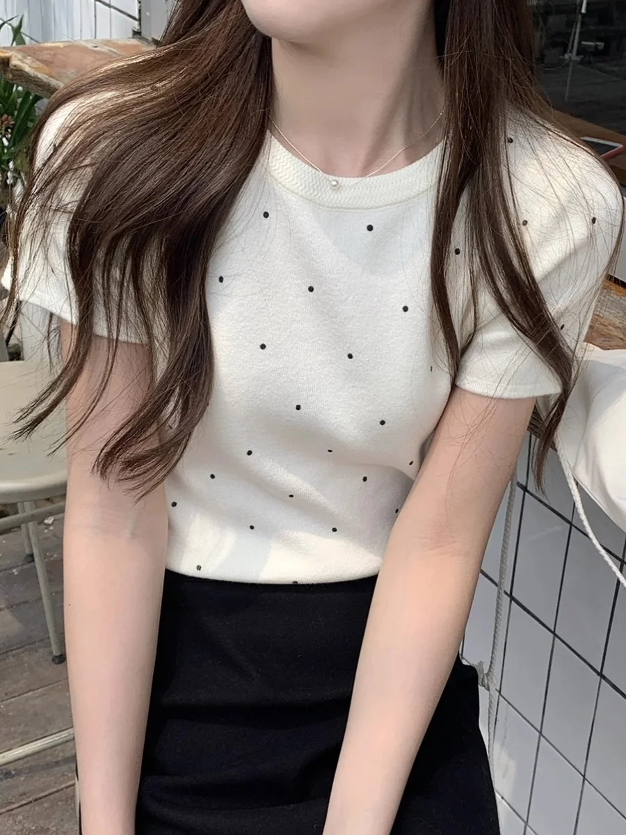 

Premium round Neck Polka Dot Short Sleeve Knitted Top Women's Shoulder Width Thin Style Slim Fit Short Shirt Anti-Aging Summe...