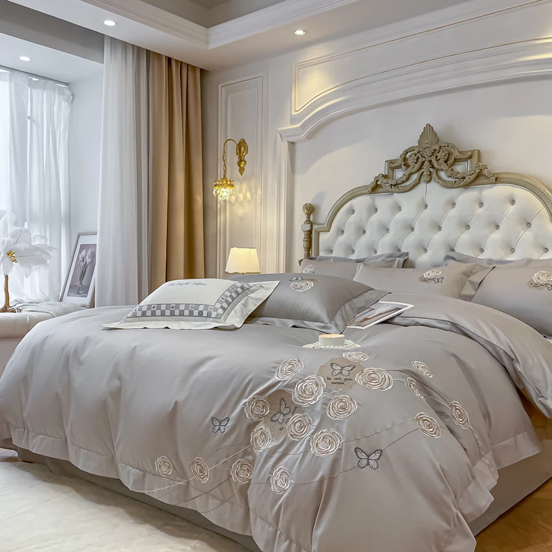 

Luxury Flowers Embroidered Bedding Set 4pcs Princess Wedding 100%Cotton Duvet Cover Bed Sheet Pillowcases King Queen Size