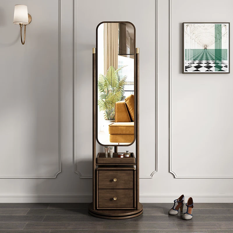 

Multifunctional dressing mirror cabinet integrated base rotating coat rack floor mirror solid wood retro full-length mirror