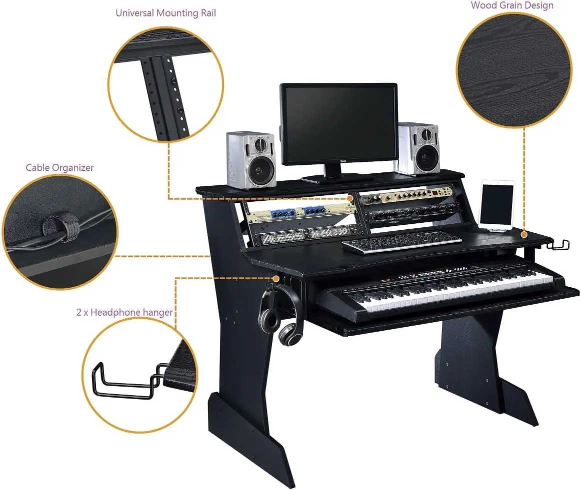 BE200 Series Music Studio Desk Workstation with 2 x 4U Rack (Black)