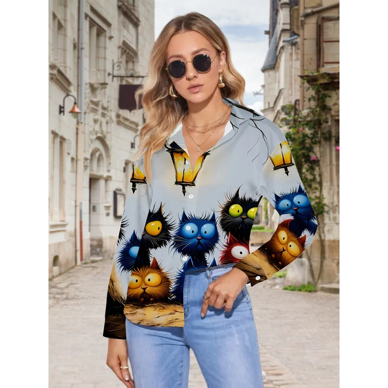 New Women'S Casual Long-Sleeve Shirt, a Group of Cats with Round Eyes Gathered Under The Streetlight,