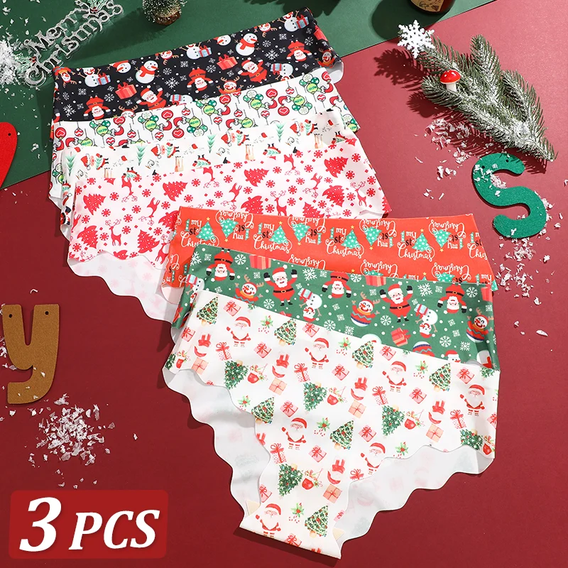 Ropa interior con estampado navideño para mujer, calzoncillos transpirables con diseño de borde ondulado, amigables con la piel, informales, a la moda, regalos de Navidad, XS-XL, 3 uds.