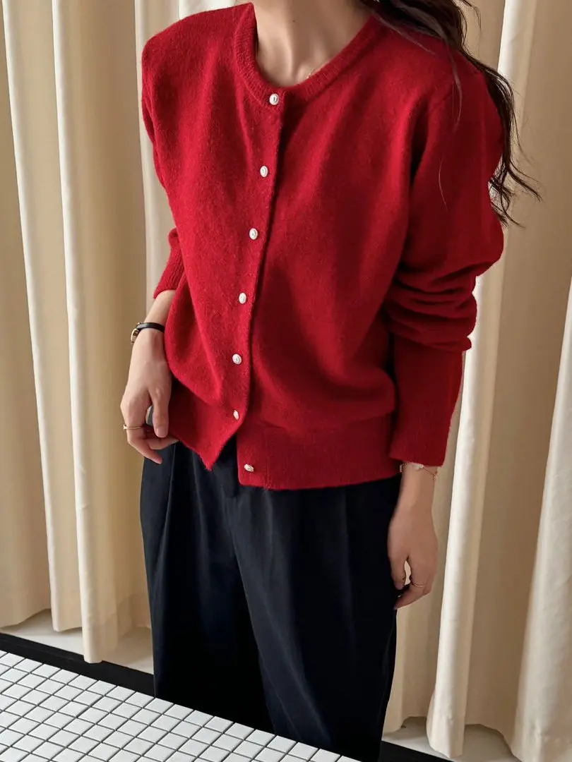 Ele ort Knitted Cardigan with Fine Silver Buttons Casual round Ne Waist-Cinching Korean Sle Women's Top