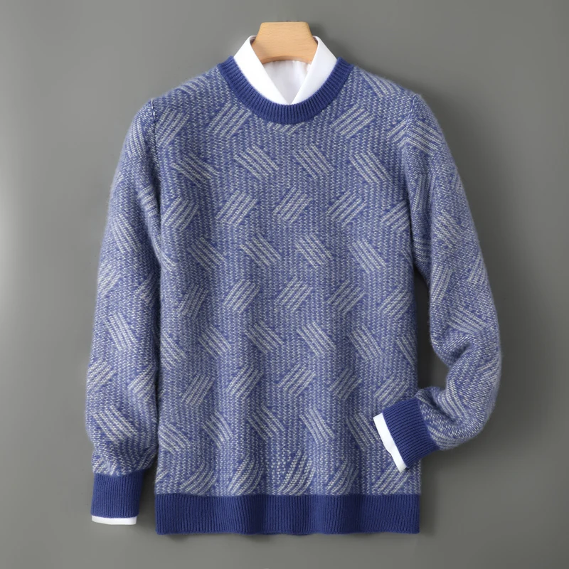 2025 Winter Men's Color blocked Round Neck 100% Pure Wool High end Leisure Thickened Warm Soft Glutinous Base Sweater Youth