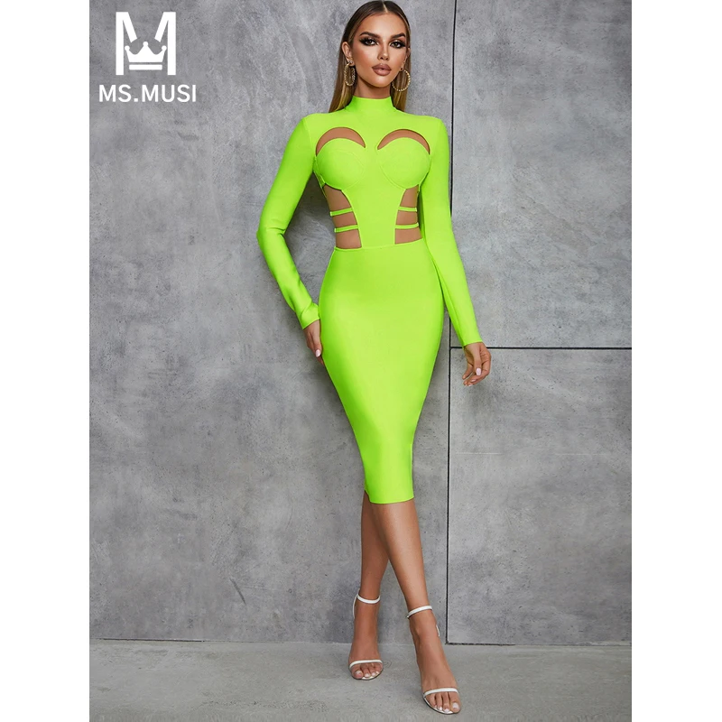 MSMUSI 2024 New Fashion Women Sexy Solid Hollow Out Long Sleeve Backless Bandage Bodycon Party Club Slim Midi Dress Vestidos