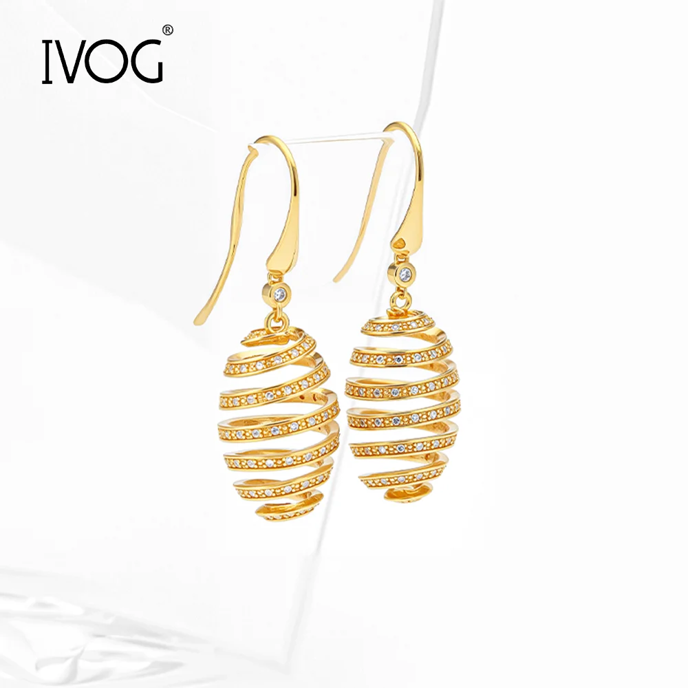 IVOG Spiral Dangle Earrings For Women Gold ColorCopper Hollow Spiral Zircon Drop Earrings Wedding Party Gift Fashion Jewelry
