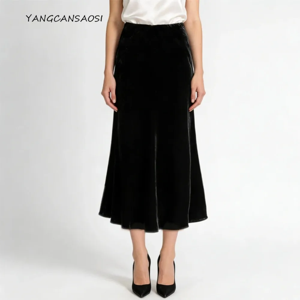 

Универсальная бархатная юбка из натурального шелка шелковицы 30%, женская повседневная юбка с эластичной резинкой на талии и диагональным вырезом, новинка весны 2026 г.