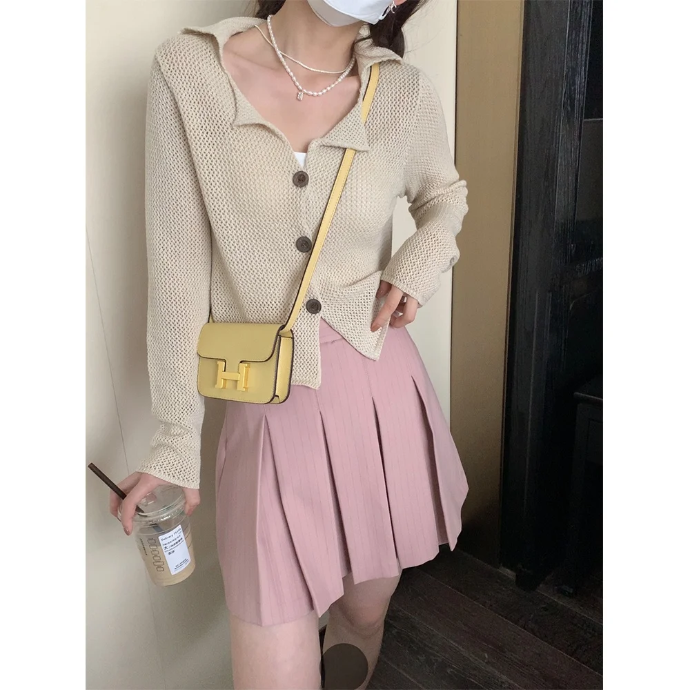 

Pijiuu Hollow out Knitted Summer New Sle Women's Long Sve ort Coat Collar Open Cardigan Outerwear in Apricot Color