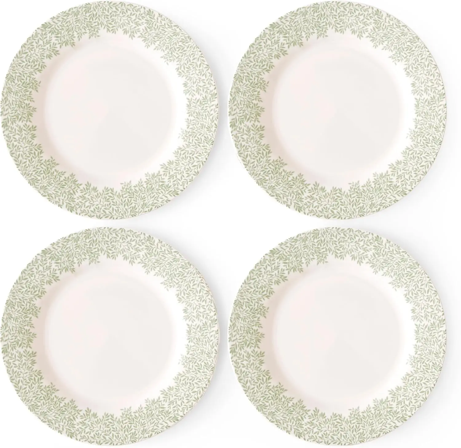 

Morris & Co Standen 11-Inch Dinner Plates, Set of 4 - Earthenware Dinnerware with Green Leaf Border Design, Microwave, Dishwashe