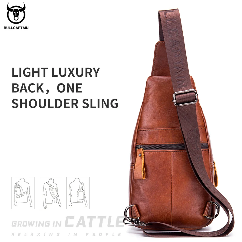 BULLCAPTAIN cowhide Leather Casual Fashion Crossbody Chest Bag men\'s leather bag USB Charging Travel Shoulder Bag Male