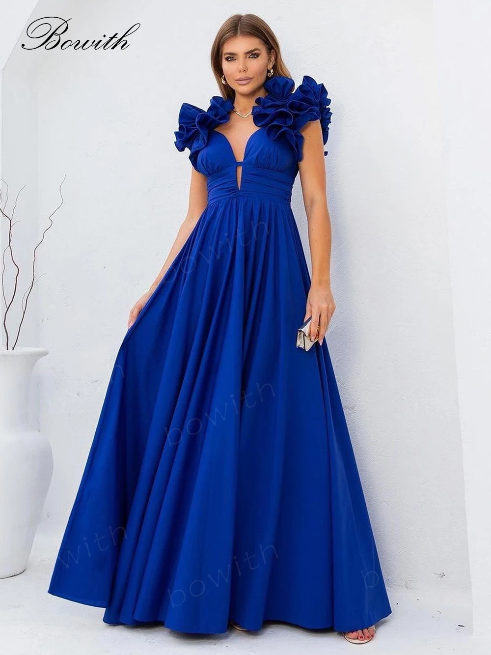 Bowith-vestido de fiesta de noche para mujer, traje Formal con hombros de flores, color azul real, elegante, 2024