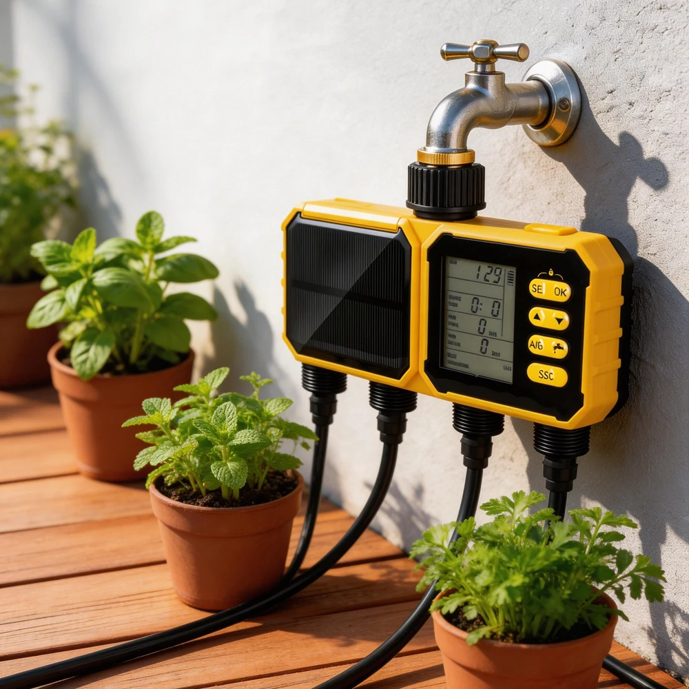 LCD Display Solar Irrigation Controller System 4 Outlets Automatic Water Timer Garden Outdoor Irrigation Watering Device