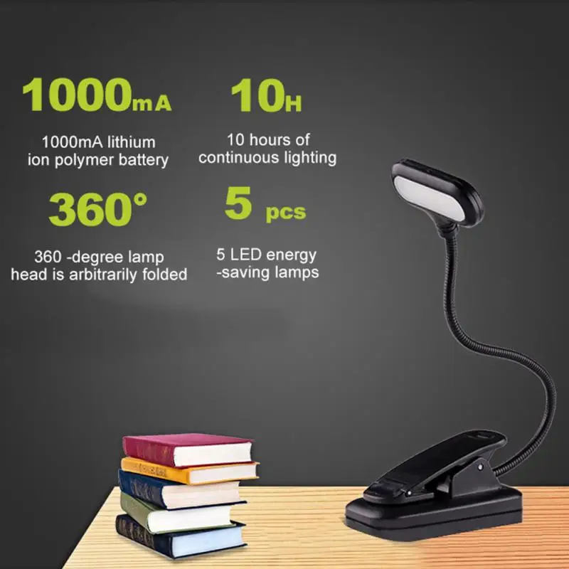 1W Energy Saving LED Night Light Eye Protection Book Night Light Adjustable Clip-On Study Desk Lamp USB Rechargable Book Lights